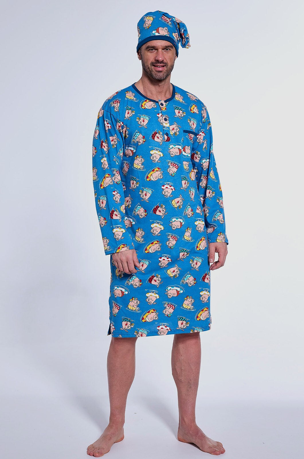 Camicia da notte da uomo in puro cotone maialini al mare