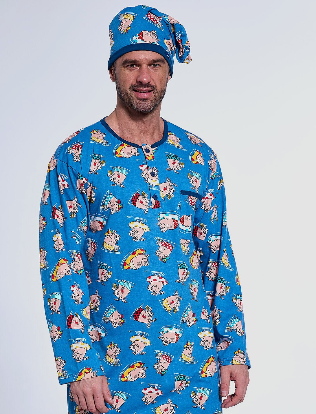 Camicia da notte da uomo in puro cotone maialini al mare