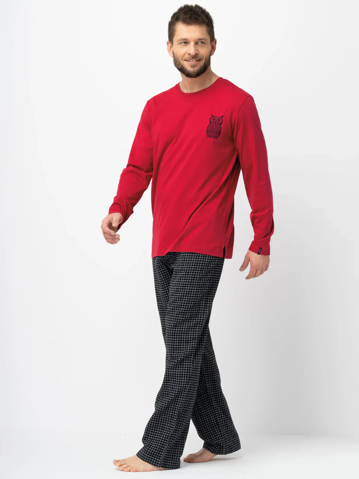 Pigiama uomo in cotone con stampa gufo e pantaloni flanella